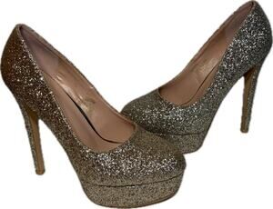 Genshuo Heels Pumps Stiletto Gold Glitter 5.5" Wedding Platform Party Prom NIB 8